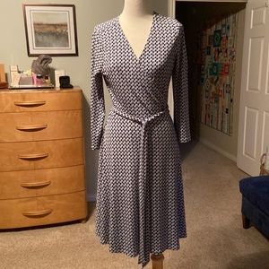 Brooks Brothers 3/4 sleeve wrap dress blue and white Medium M knee length 10 12